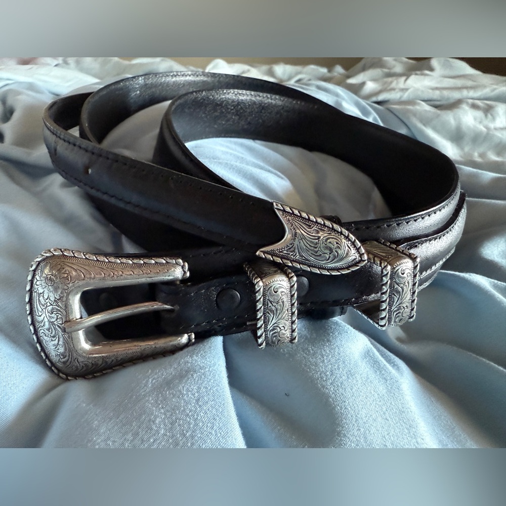 Elegant western Black Leather Belt with Silver Buckle